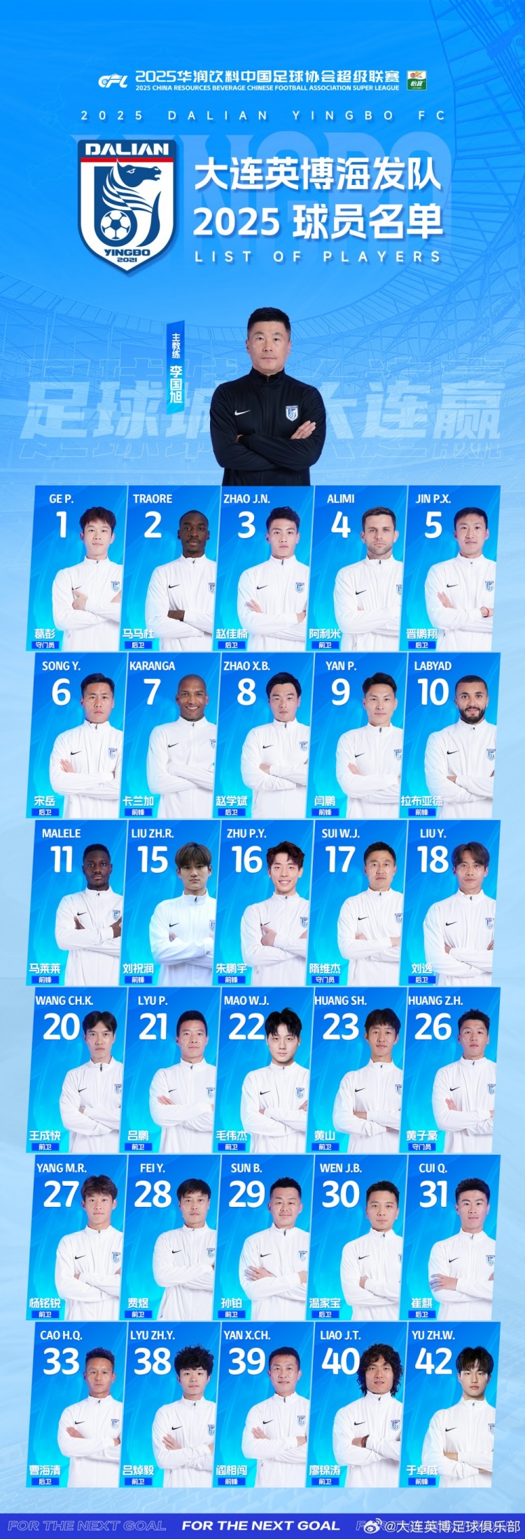  大連英博一線隊(duì)名單：10號拉布亞德領(lǐng)銜五外援，共30名球員入選